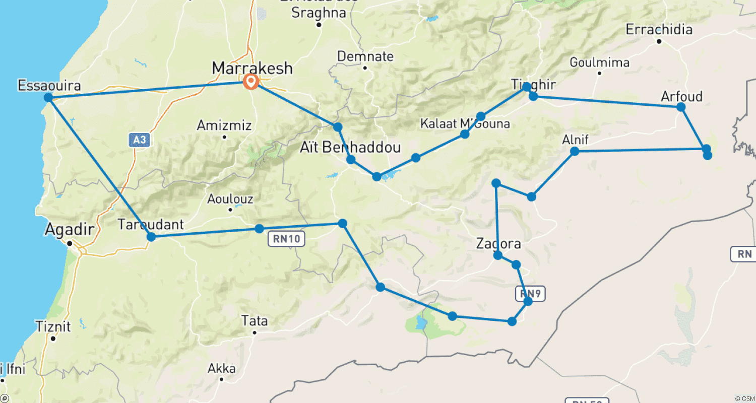 7-Day Private Morocco tour Via Desert & Atlantic Coast Journeyのルートマップ