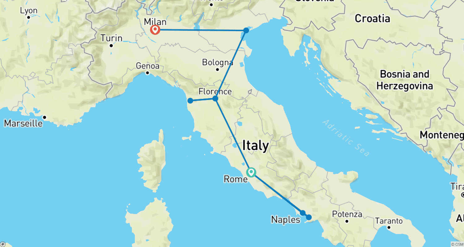 Best of Italy in 9 Days: Rome, Florence, Pisa, Venice & Milanのルートマップ