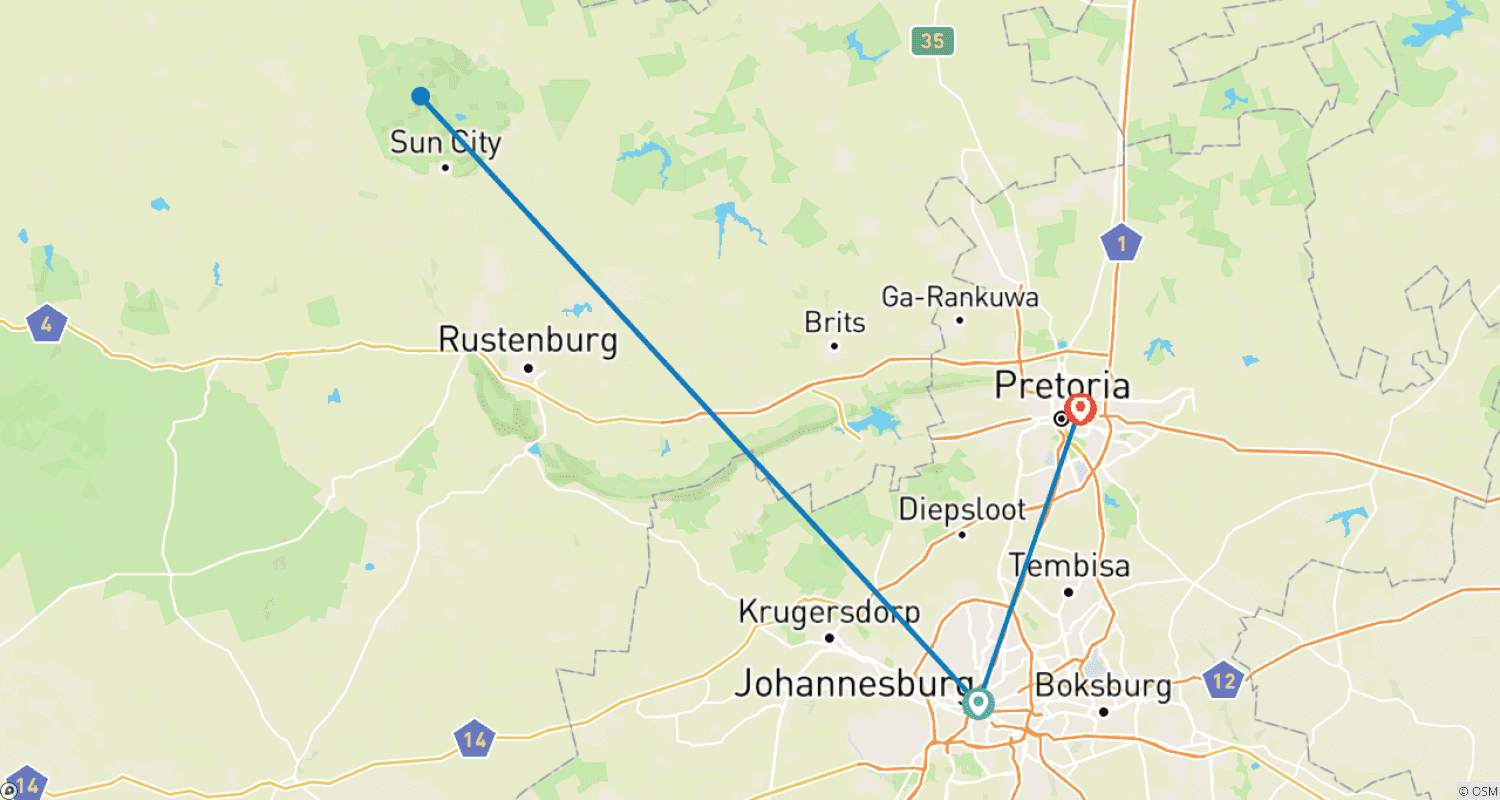 Mapa do percurso de 3-Day Pilanesberg Camping & Big Five Adventure