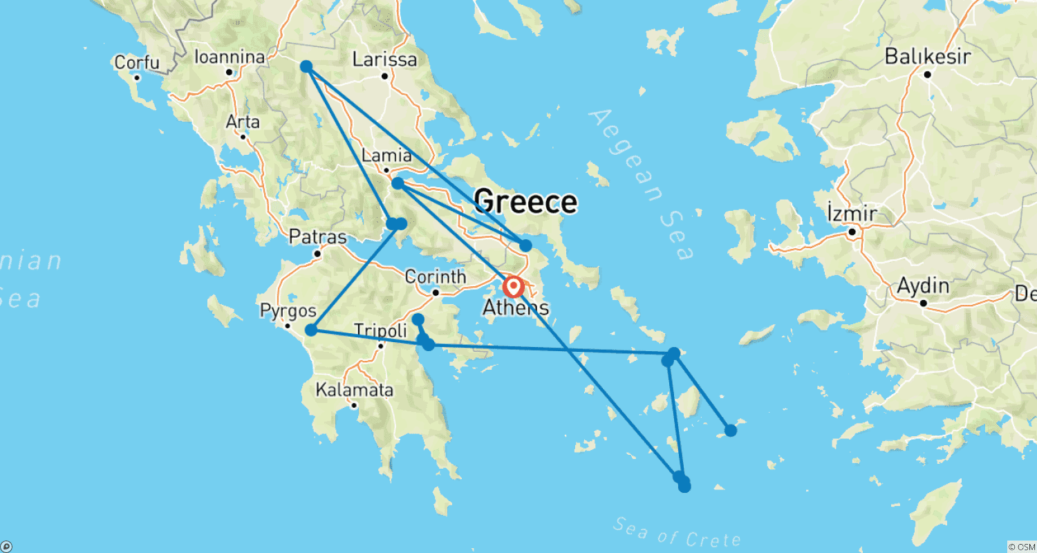 Mapa do percurso de Explorando a Grécia e Suas Ilhas, incluindo Grécia Clássica, Mykonos e Santorini (2026)