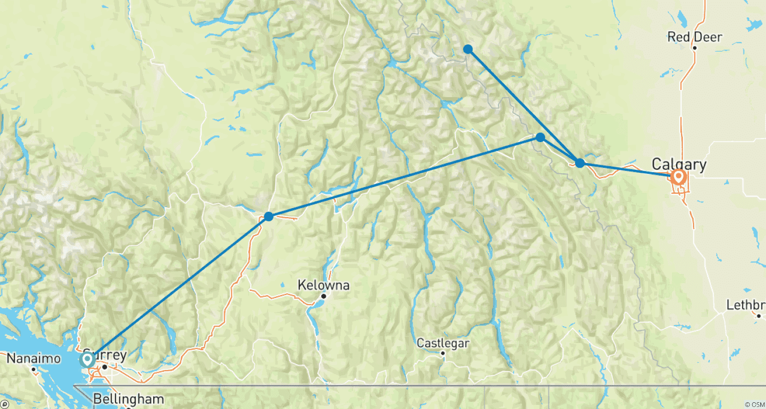 Mapa trasy: Kanadyjskie Góry Skaliste z Rocky Mountaineer na wschód (Vancouver, Kolumbia Brytyjska do Calgary, Alberta) (2026)