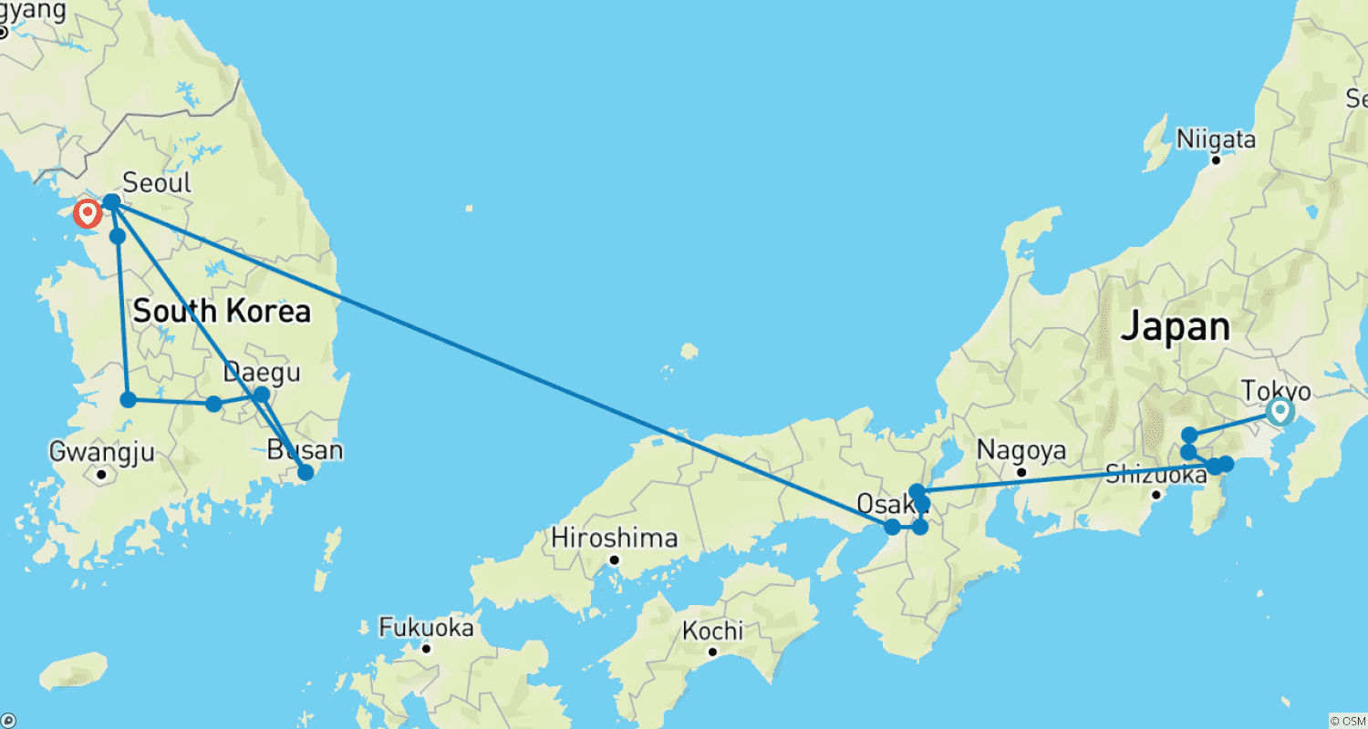 Mapa trasy: 13-dniowa wycieczka kulturalna po Japonii i Korei Południowej (prywatny przewodnik i kierowca) Wycieczka rodzinna z możliwością dostosowania