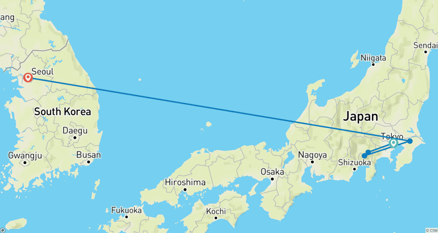 Mapa do percurso de 10 Dias de Viagem pela Cultura Pop do Japão e Coreia (guia e motorista particulares) Passeio em Família Personalizável