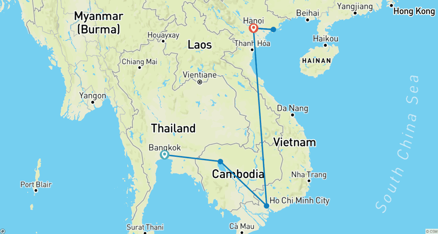 Mapa do percurso de 17 Dias Tailândia, Camboja e Vietnã | Tour Privado com Cruzeiro na Baía de Halong