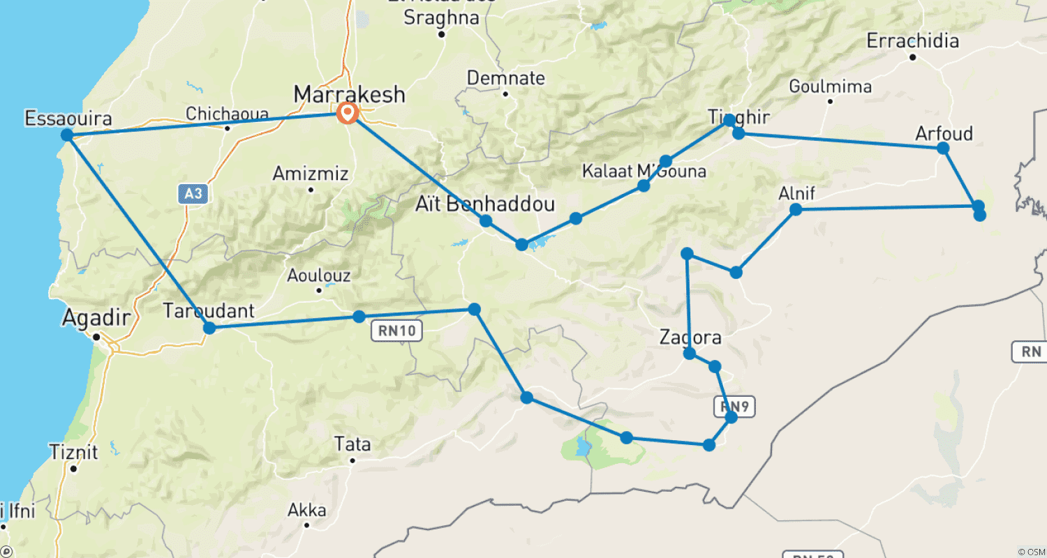 7 Days Morocco itenerary private tourのルートマップ