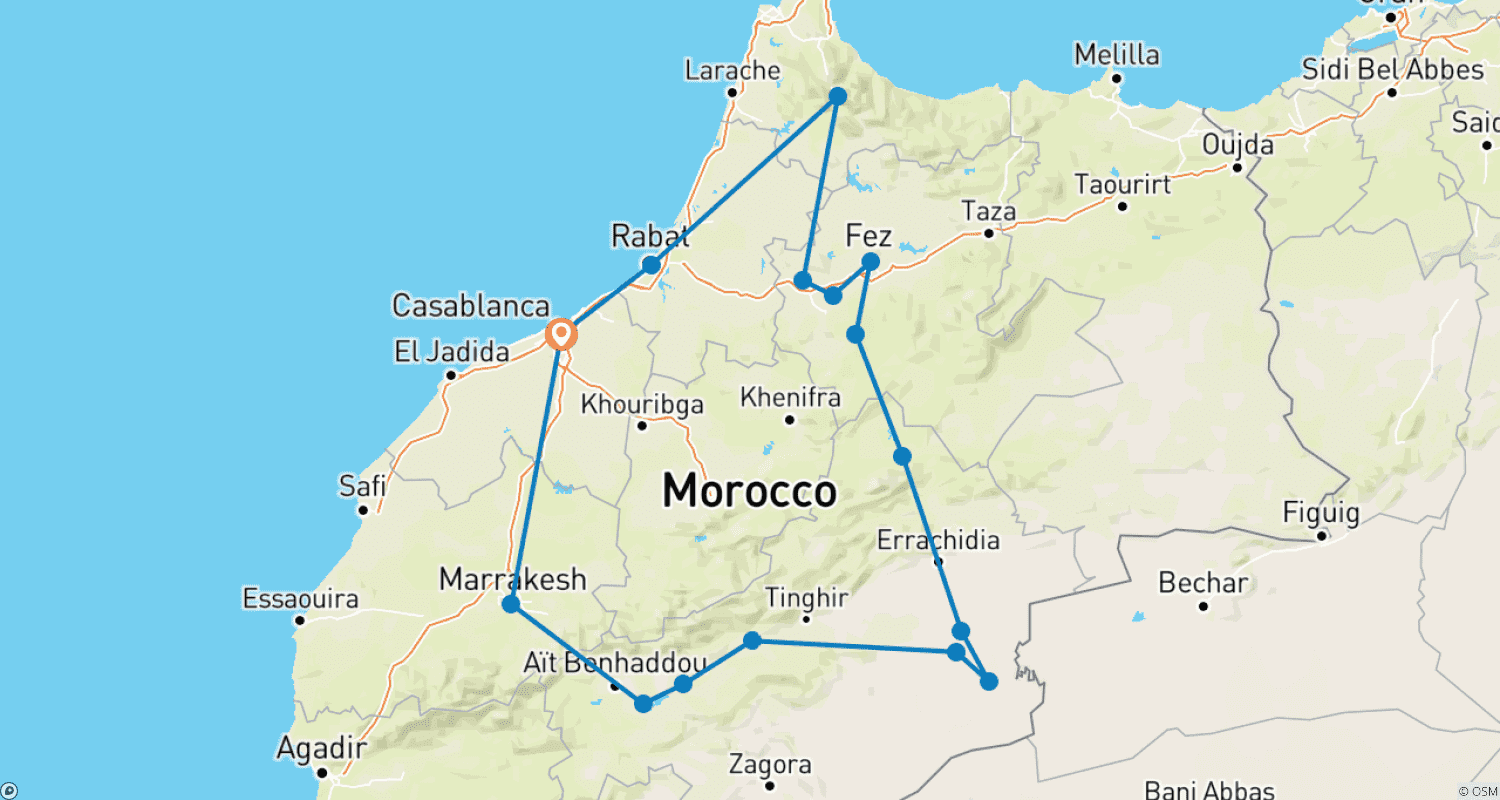 Mapa do percurso de Viagem de 10 Dias a Marrocos Partindo de Casablanca