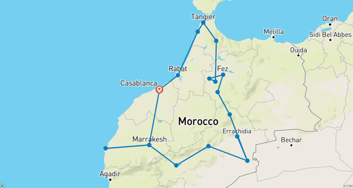خريطة مسار جولة المغرب الأصيل لمدة 13 يومًا من الدار البيضاء عبر الصحراء الكبرى وفاس وشفشاون