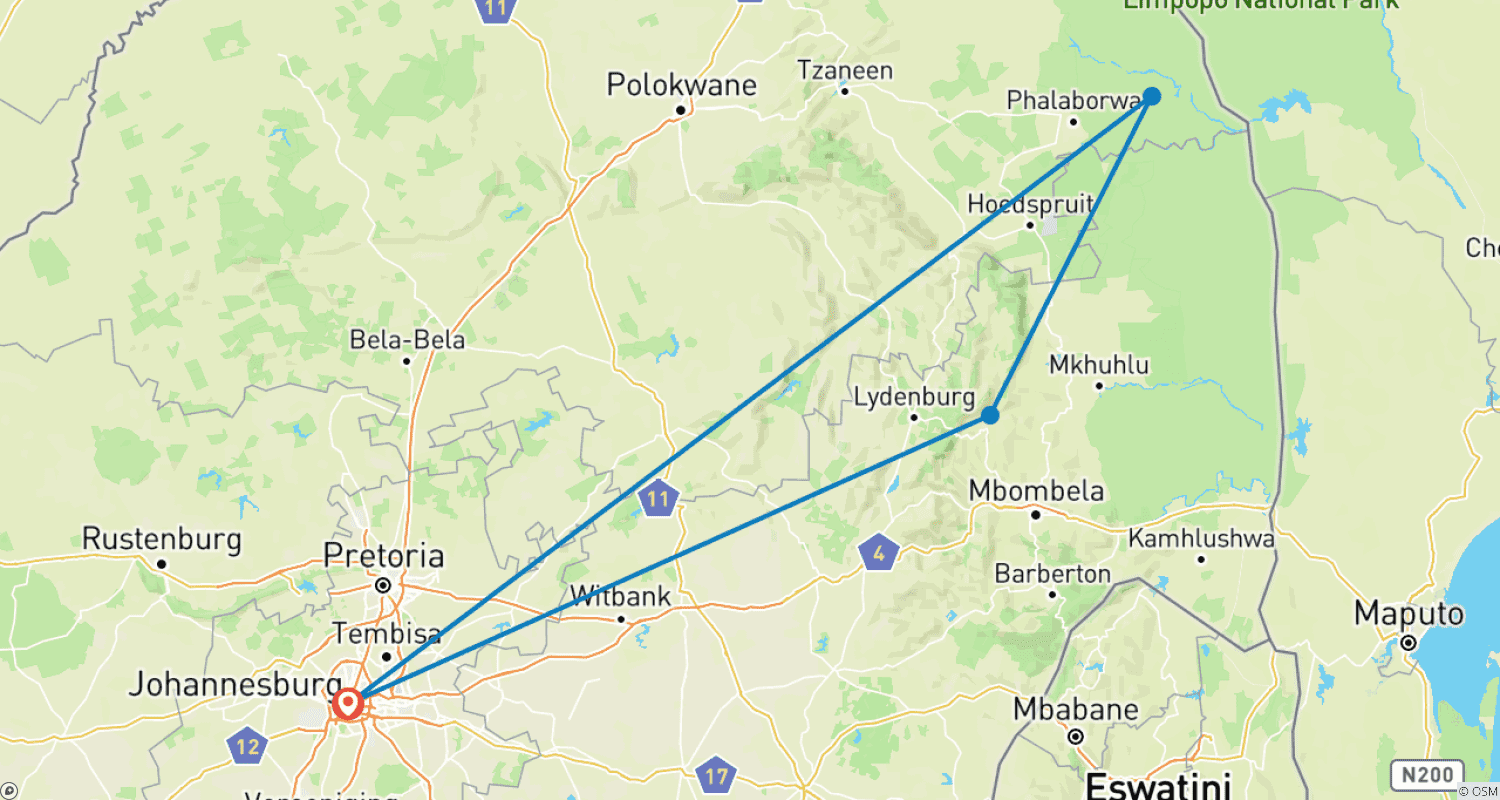 Mapa do percurso de 4-Day Adventure – Sabi Sands Safari Lodge Escape
