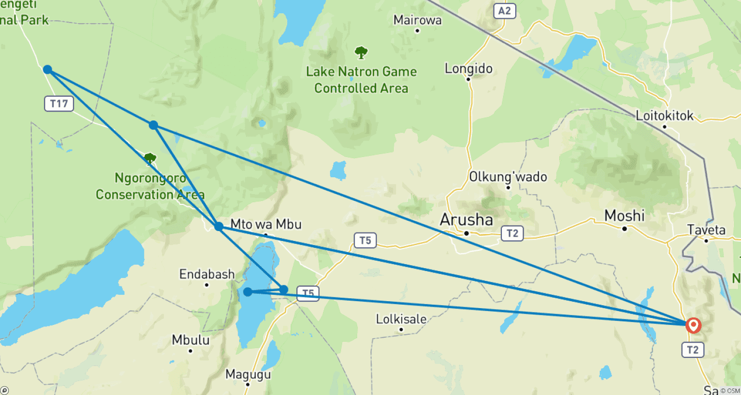 Mapa do percurso de Safari de 6 Dias no Norte da Tanzânia: Explorador