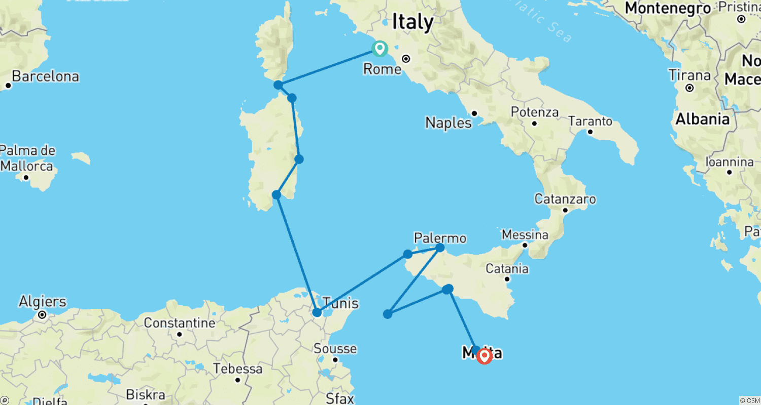 Mapa trasy: Spokojne Wyspy Morza Śródziemnego: Korsyka, Sardynia i Sycylia