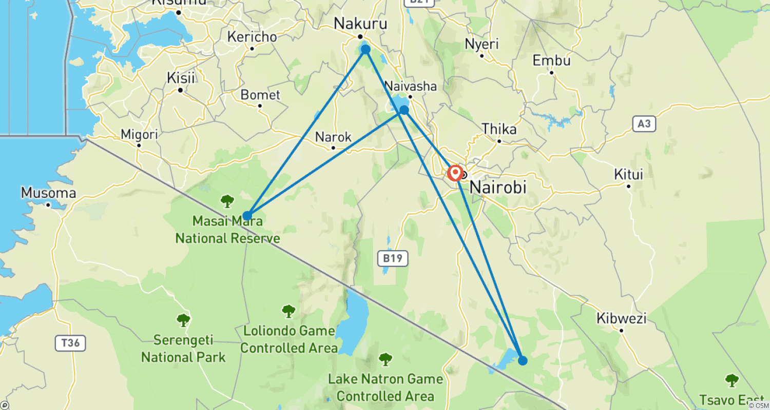 Mapa trasy: 6 Dni Niedrogich Wycieczek po Kenii (z bezpłatnym noclegiem w hotelu w Nairobi)