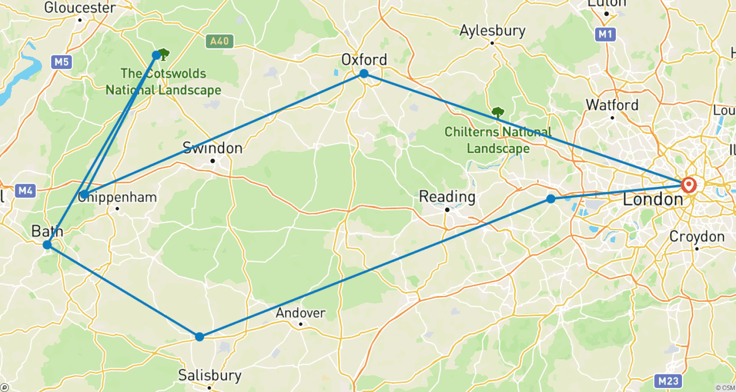 Mapa do percurso de Windsor, Stonehenge, Bath e Oxford saindo de Londres - 2 Dias