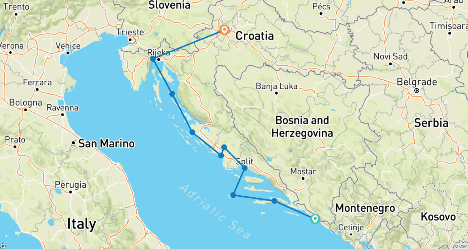 Adriatic Coastal Cruise Dubrovnik → Zagreb (2027)のルートマップ