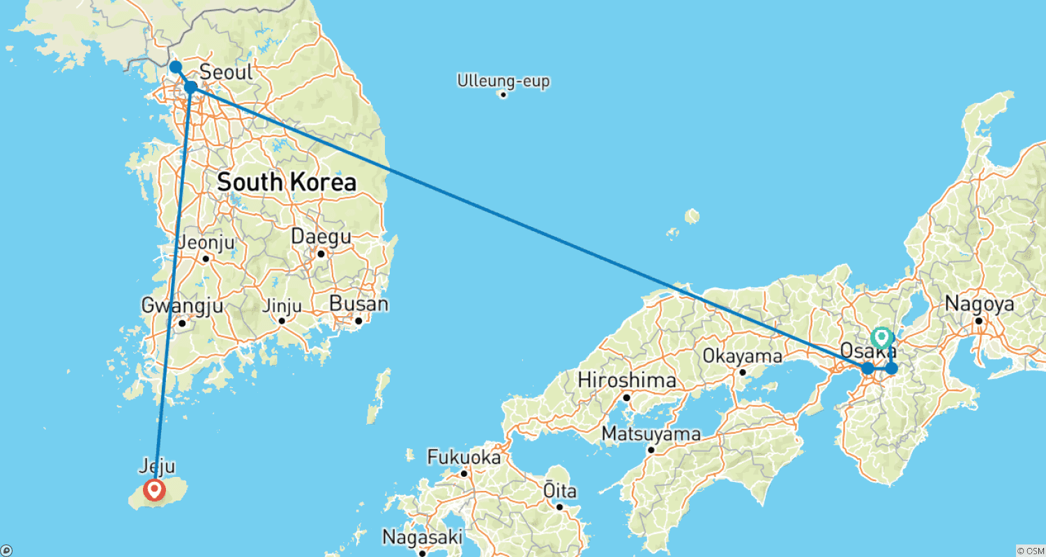 13 Days Jeju Island & City Strolling:Japan & South Korea (private guide and driver)Family Tour Customizableのルートマップ