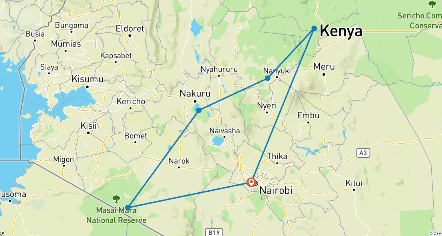 خريطة مسار Super Kenyan Safari 8D/7N (Masai Mara, Lake Nakuru, Sweetwaters & Samburu)