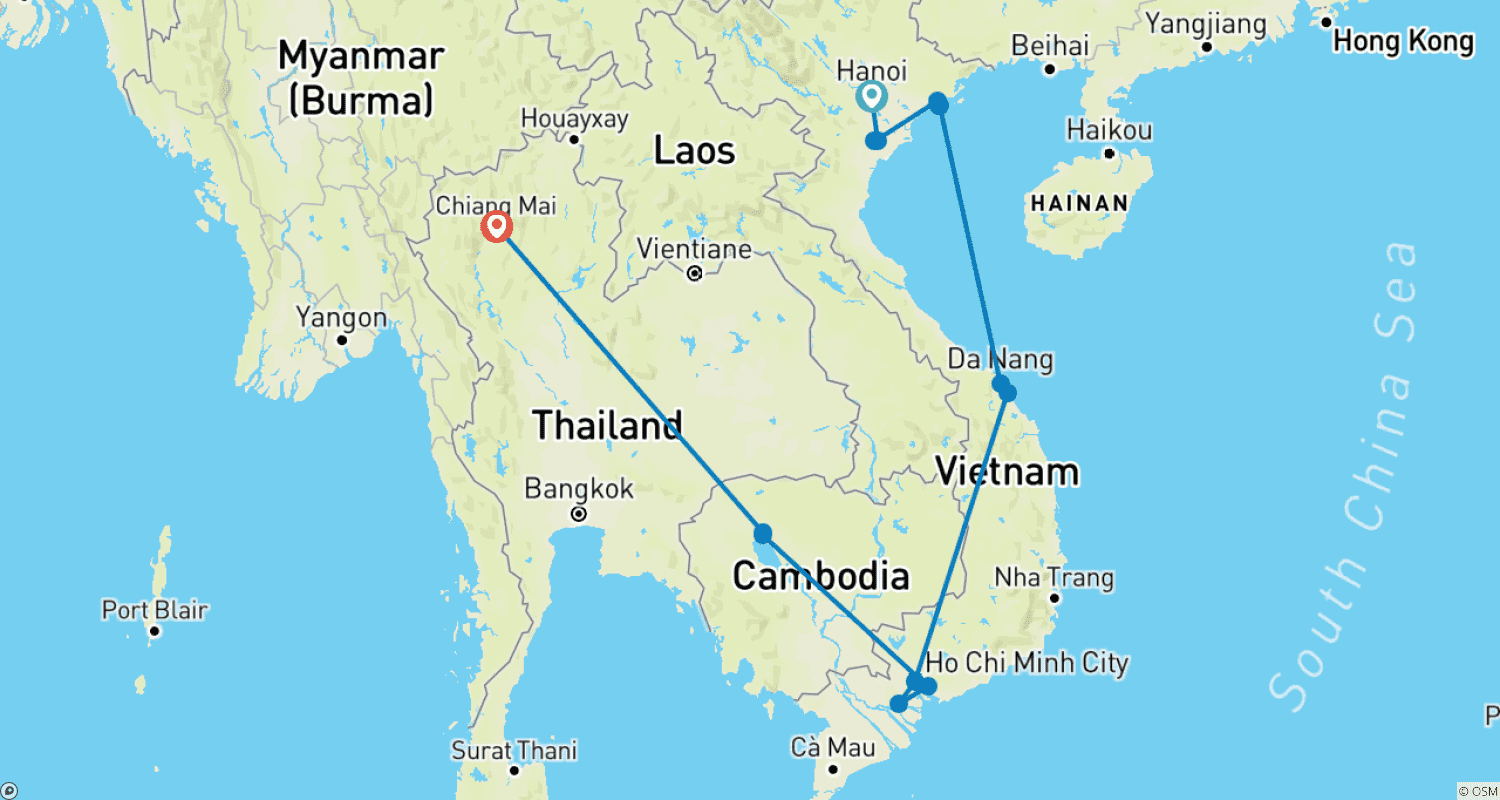 Mapa do percurso de 16 Days Tour & Beach Relax In Vietnam, Cambodia & Thailand