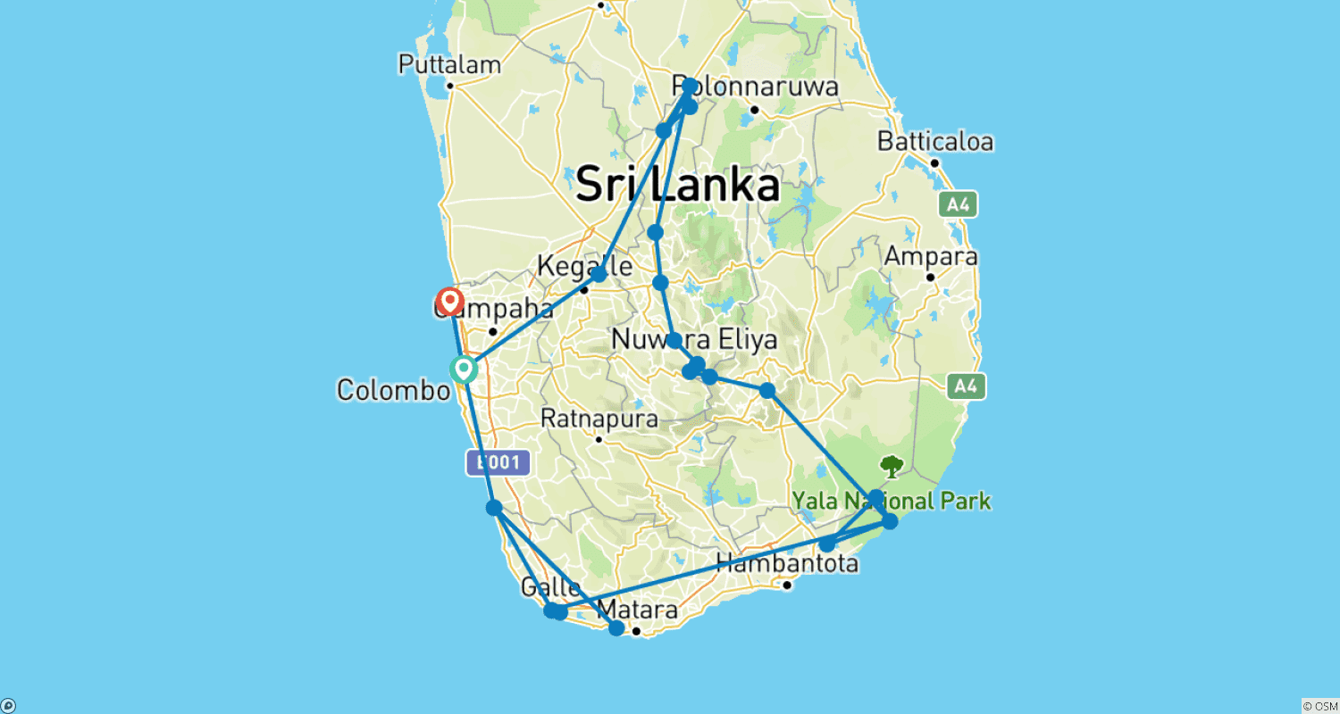 Mapa trasy: 14-dniowy pakiet wakacyjny na Sri Lance