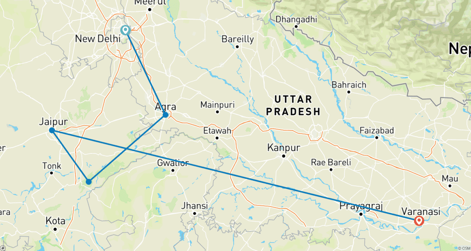 خريطة مسار Luxury Golden Triangle Tour with Ranthambore and Varanasi with 5 Star Hotel