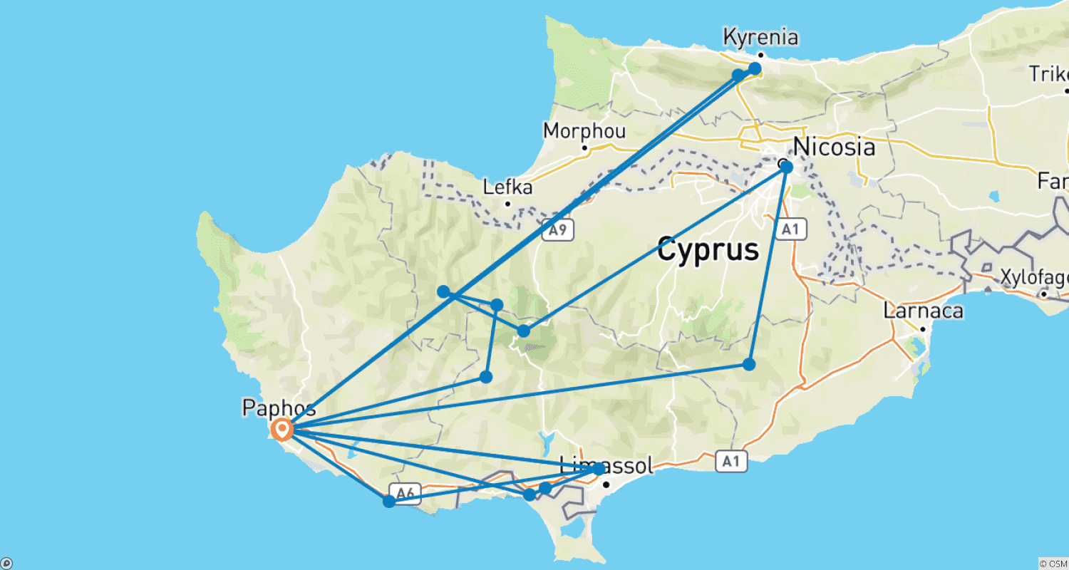Mapa do percurso de 8 Days in Cyprus: A Tapestry of History, Myth & Mediterranean Life (Tuesday Arrivals)
