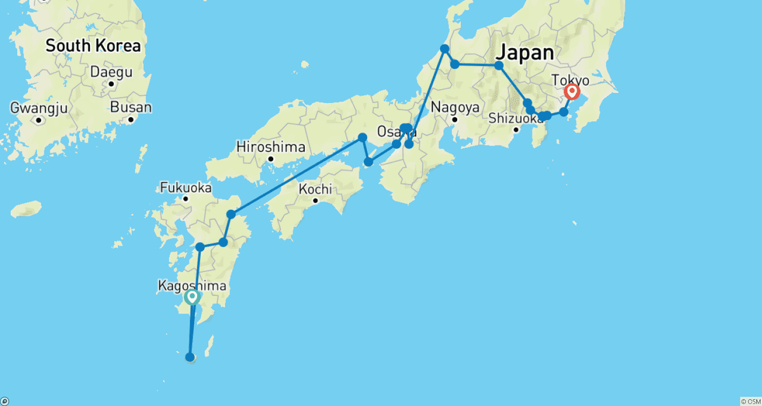 Mapa do percurso de Japão Pitoresco - Natureza e Cultura no seu Melhor (incl. Voo)