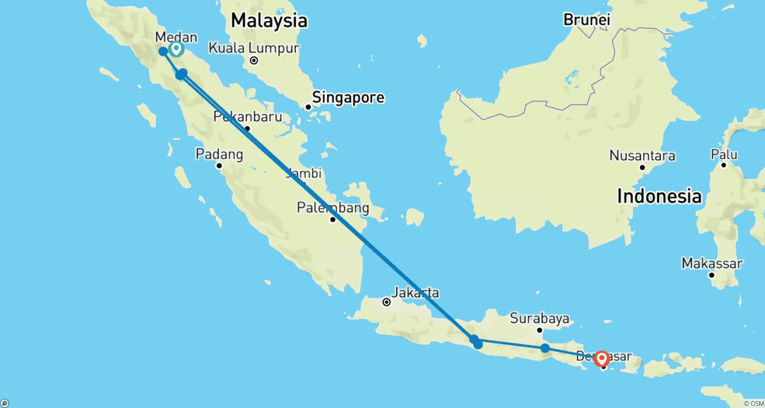 Mapa trasy: Najważniejsze atrakcje Indonezji - Odkryj Sumatrę i Jawę (Wycieczka grupowa)