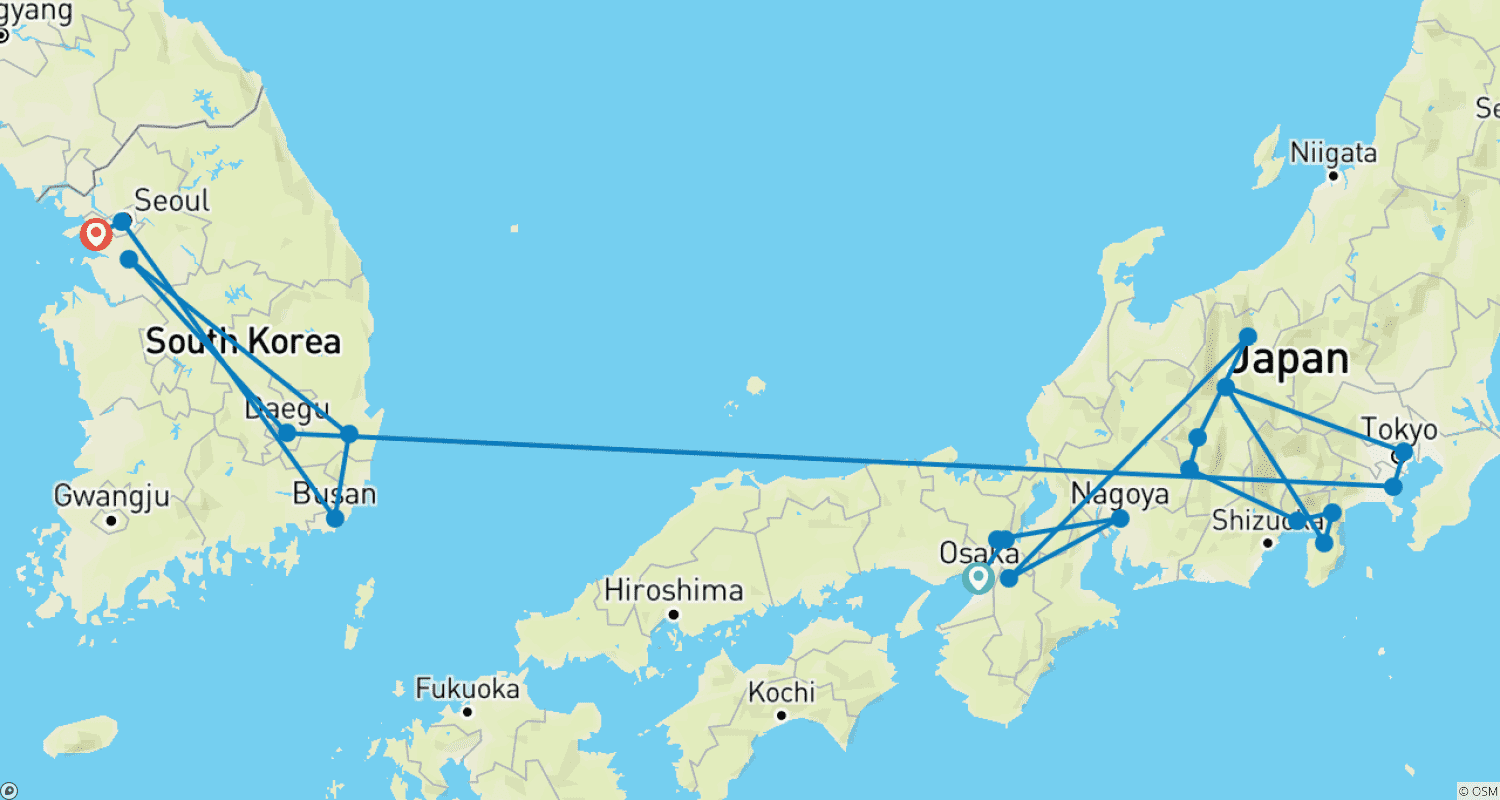 Mapa do percurso de Discover Japan and South Korea (incl. Flight)