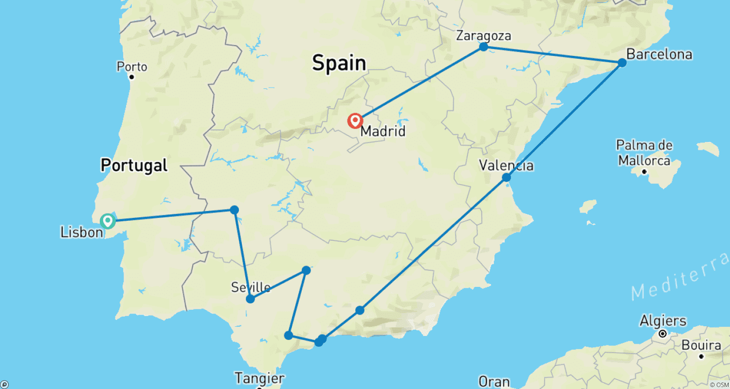 خريطة مسار Lisbon to Andalucia, Barcelona & Madrid - 9 days