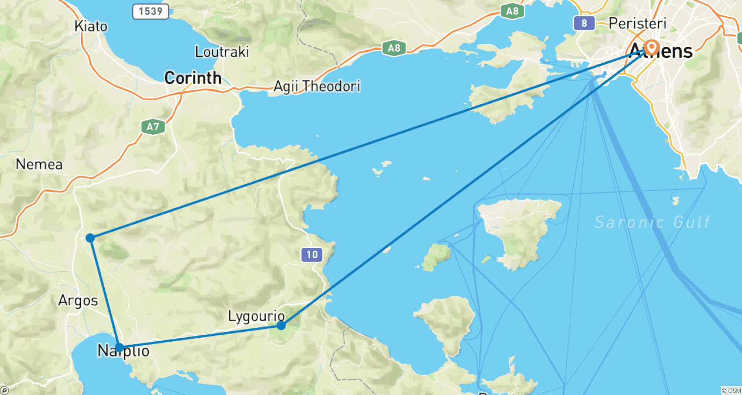 خريطة مسار Athens to Epidaurus, Mycenae & Nafplion | Private 2-Day Guided Tour