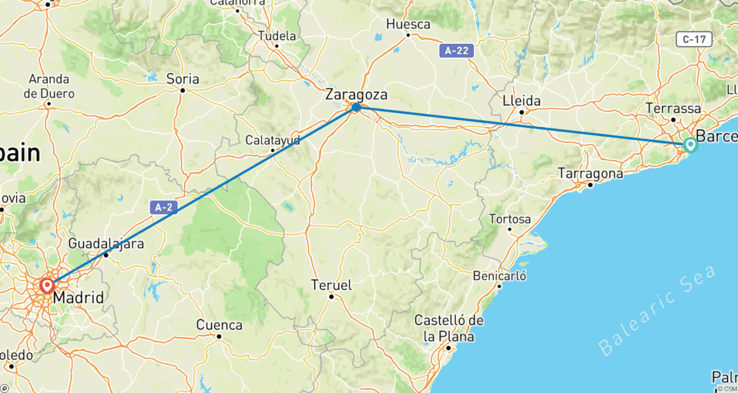 Mapa trasy: Barcelona, Saragossa i Madryt - 5 dni