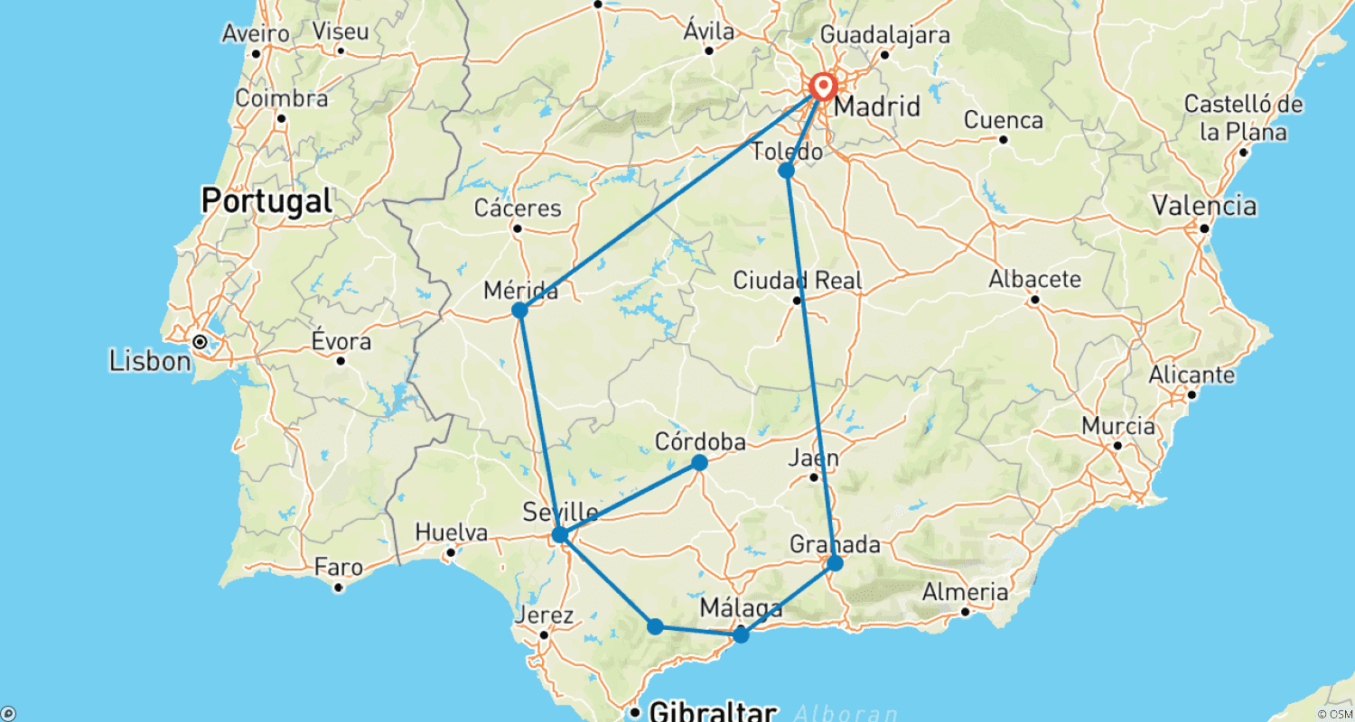 Mapa do percurso de O Melhor da Andaluzia e Alhambra - 8 dias