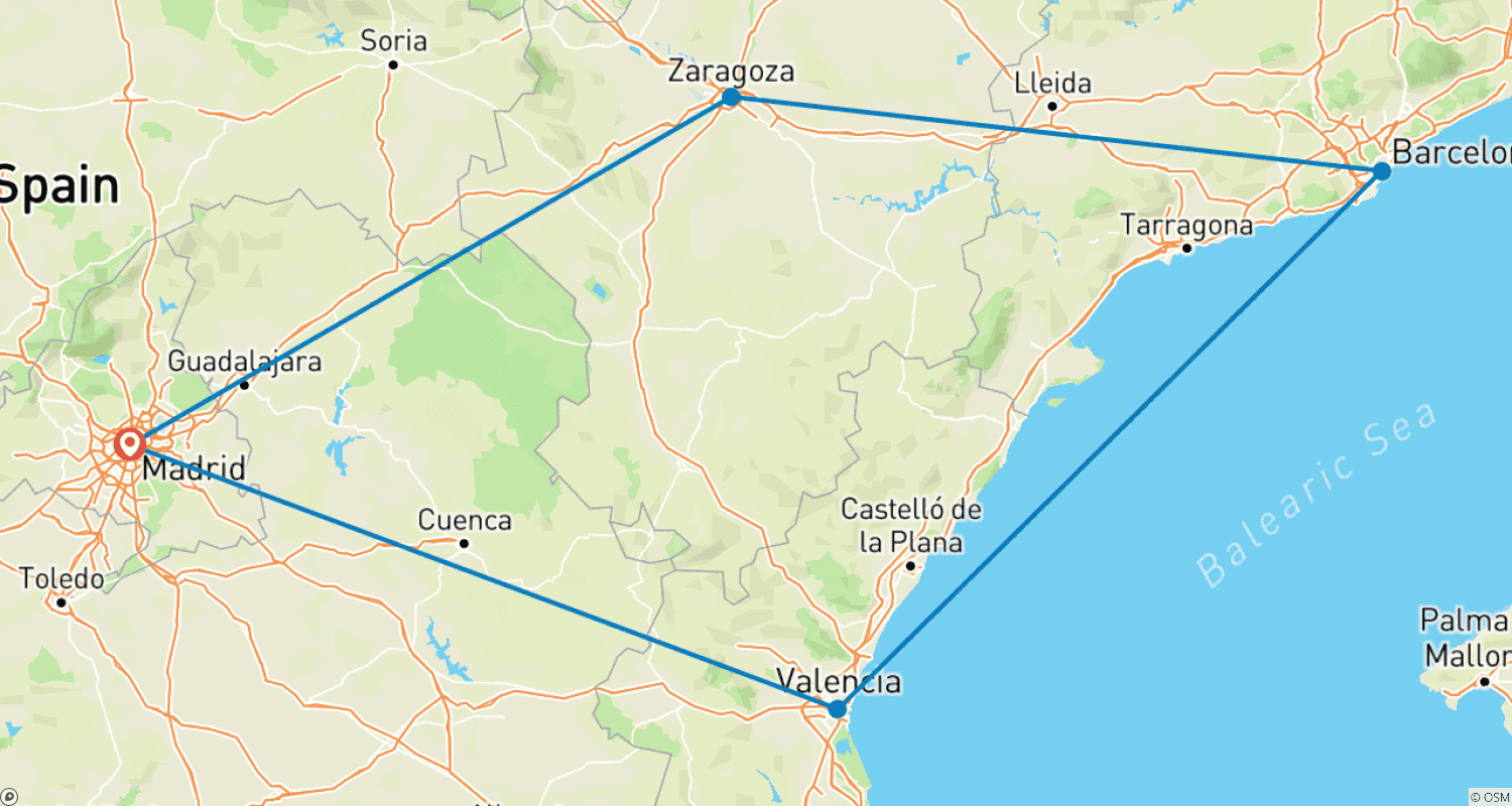 Mapa trasy: Madrid, Valencia & Barcelona - 4 days