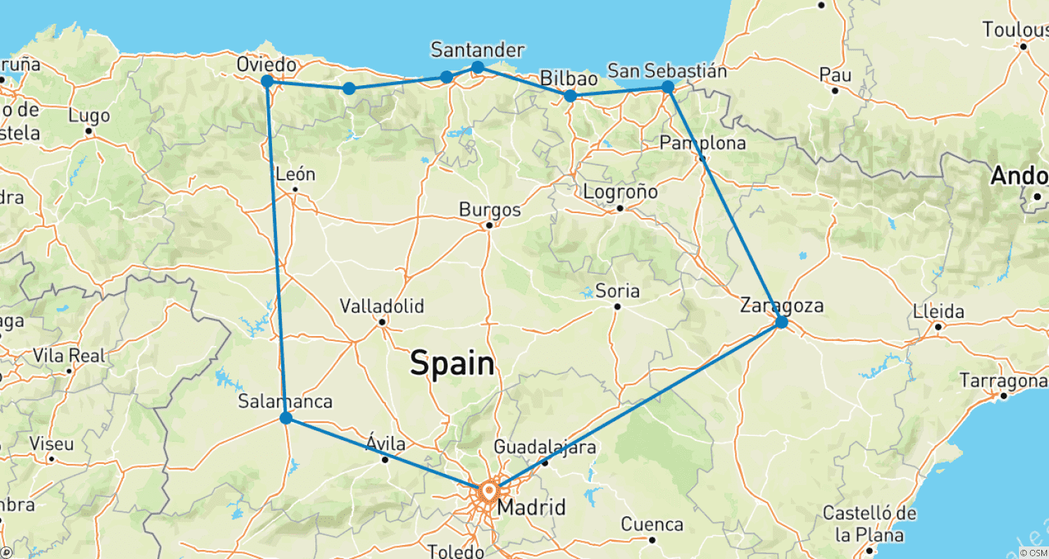 Mapa do percurso de San Sebastian, Santander e Oviedo - 4 dias
