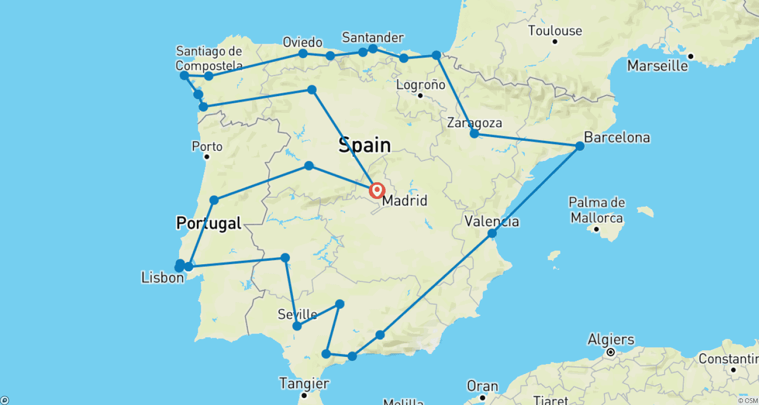 Mapa trasy: Podróż przez Półwysep Iberyjski - 20 dni