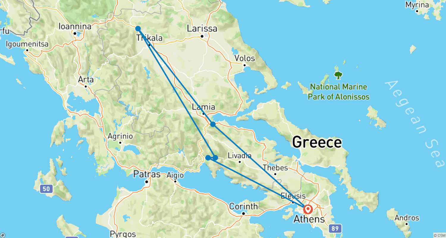 Mapa trasy: Athens to Delphi & Meteora | Private 3-Day Guided Tour