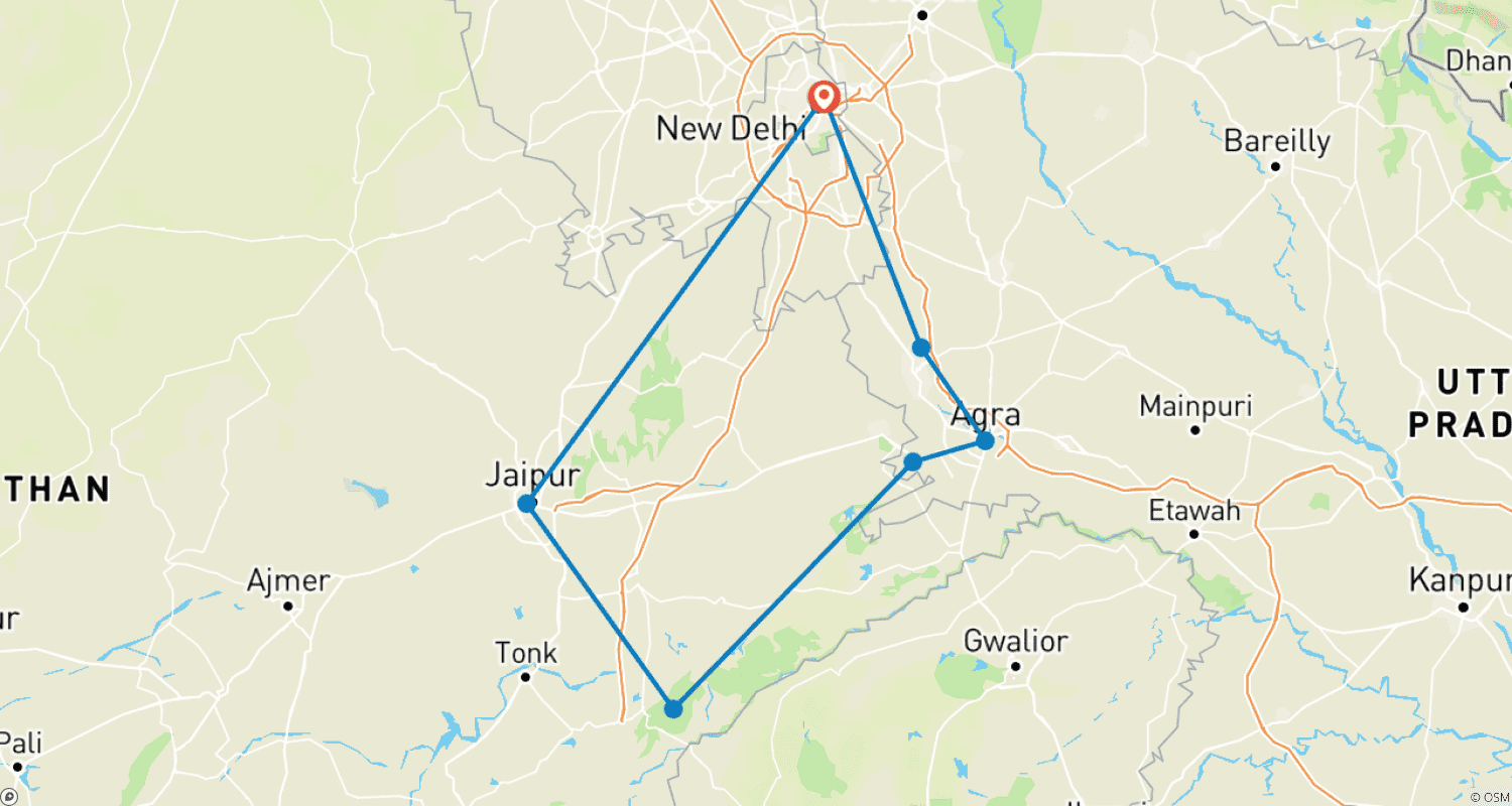 Mapa do percurso de Excursão Triângulo Dourado na Índia com Taj Mahal e Safári de Tigres em Ranthambore