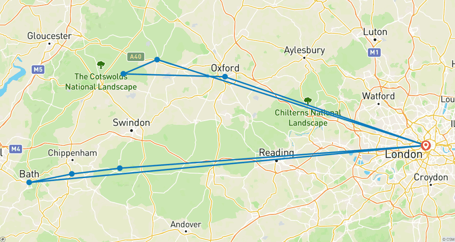 خريطة مسار جولة جماعية صغيرة في إنجلترا: Cotswolds، أكسفورد، قرية Lacock وباث – 5 أيام
