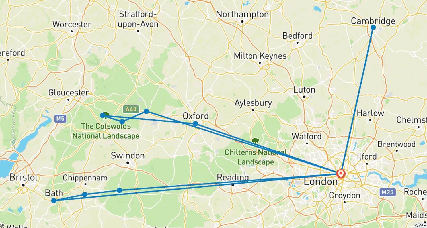 Mapa do percurso de Oxford, Cotswolds, Bath, Avebury & Cambridge - 6 Dias (Pequeno Grupo)