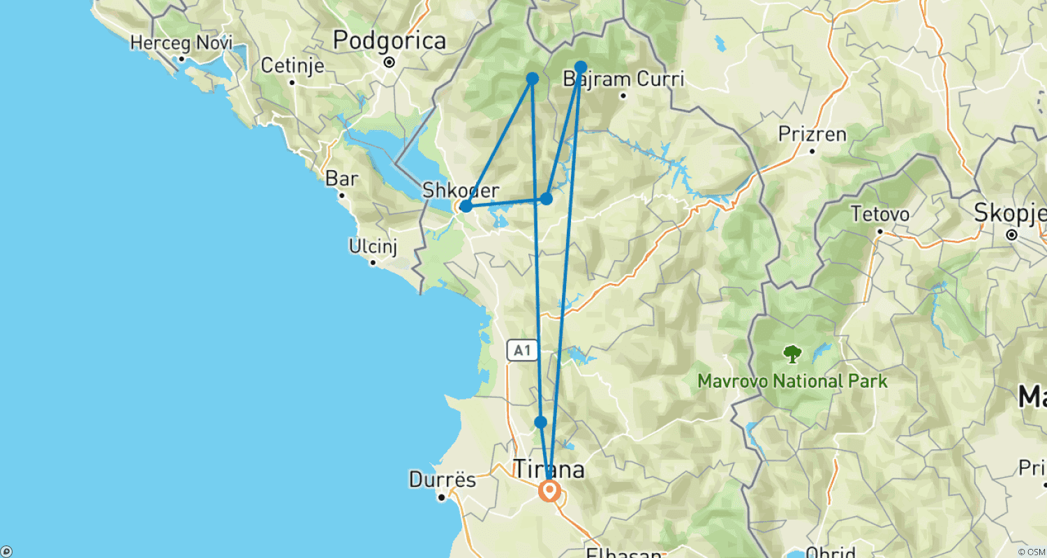 Mapa do percurso de Picos dos Alpes Albaneses: Viagem Off-Road Autoguiada - Pacote de 7 Dias