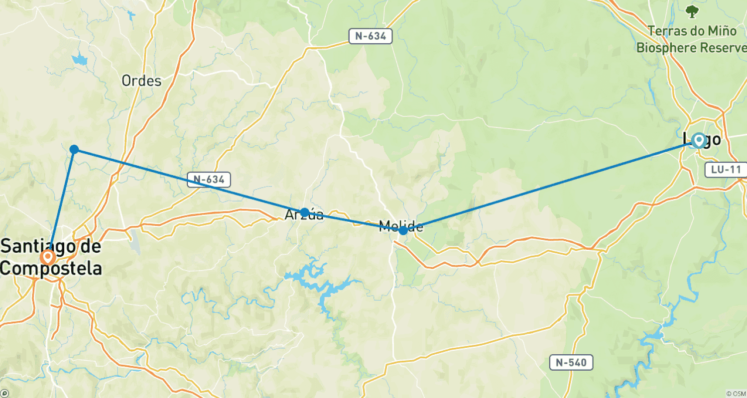 Mapa trasy: Camino de Santiago · Droga Świętego Jakuba · Szlak Pierwotny · Z Lugo do Santiago de Compostela