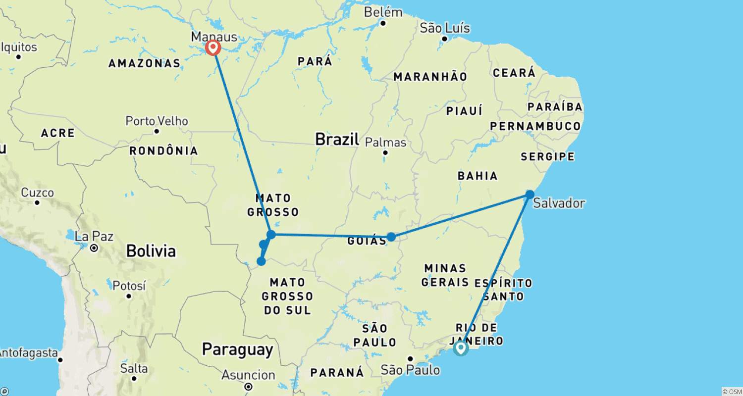 Mapa trasy: Najlepsze z Brazylii: 11-dniowa przygoda w Rio, Amazonii i z dziką przyrodą