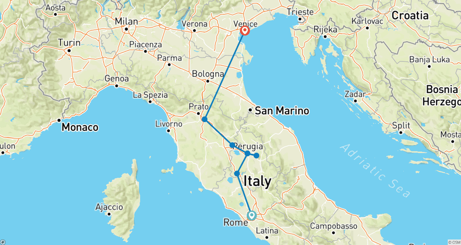 Mapa do percurso de Reflexos da Itália (De Roma a Veneza)