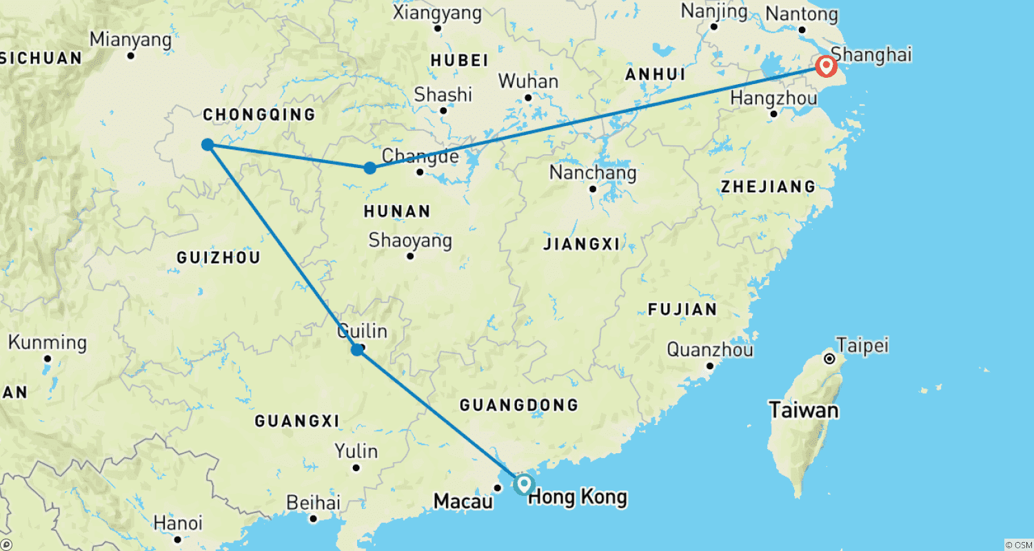 Mapa do percurso de Tour Privado de 10 Dias de HongKong a Guilin-Chongqing-Zhangjiajie-Shanghai