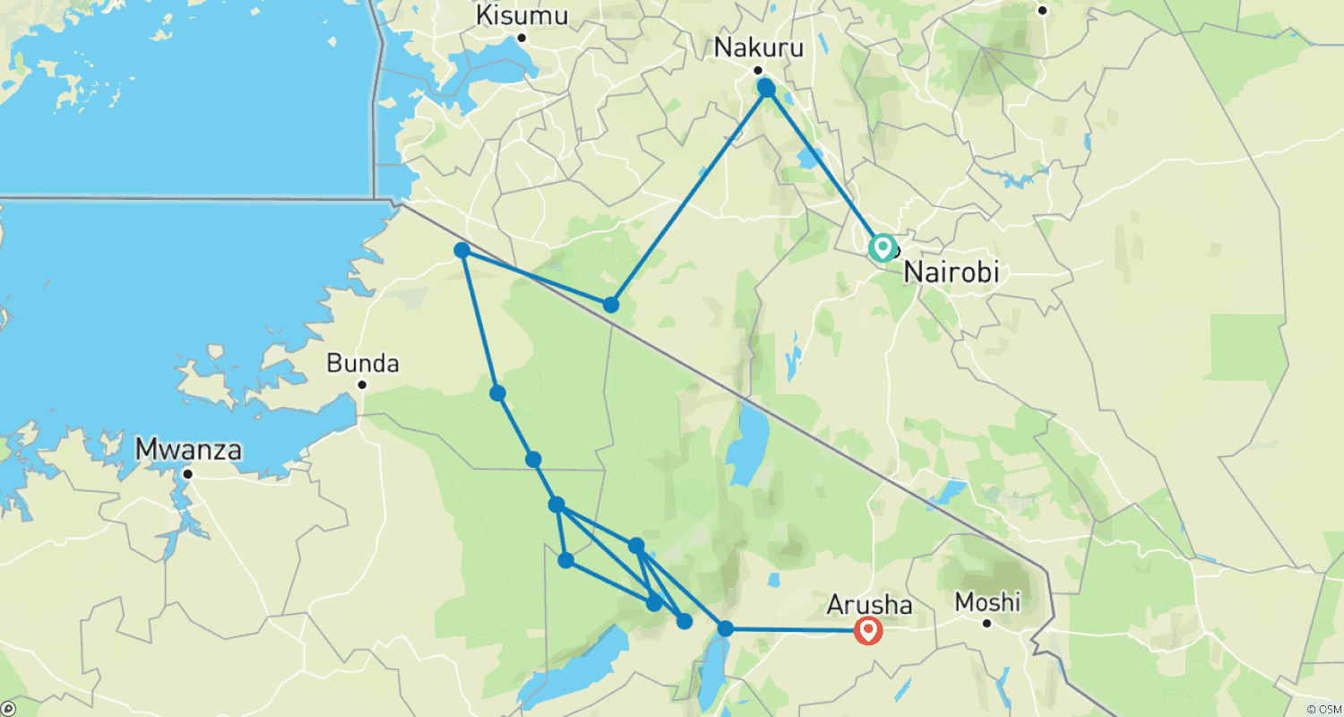 Mapa trasy: 10 dni safari po Serengeti i Masai Mara, Jeziorze Nakuru i Ngorongoro
