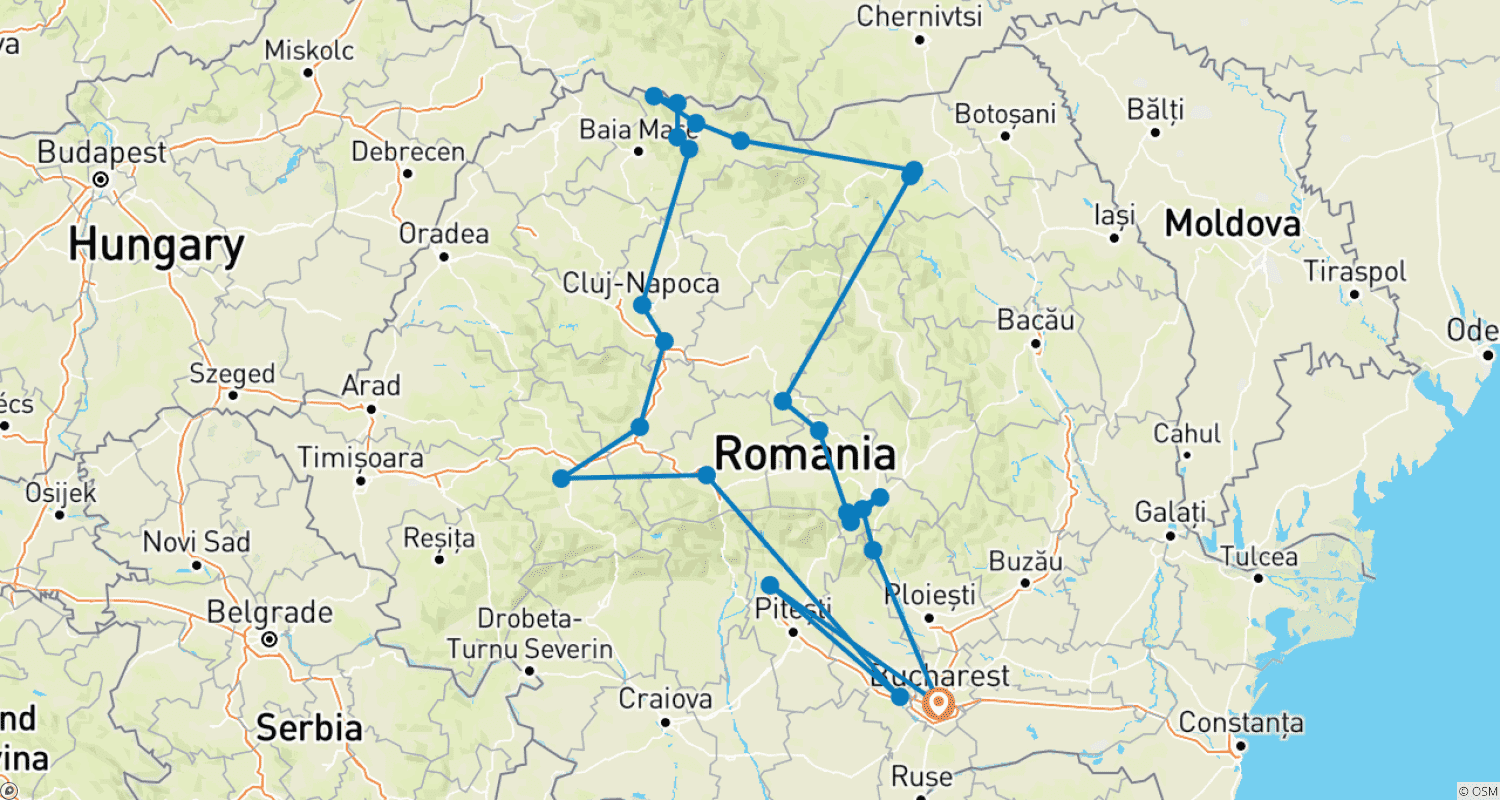 Mapa do percurso de Customized Classic 10 Days Private Romania Trip, Daily Start & Exclusive Car