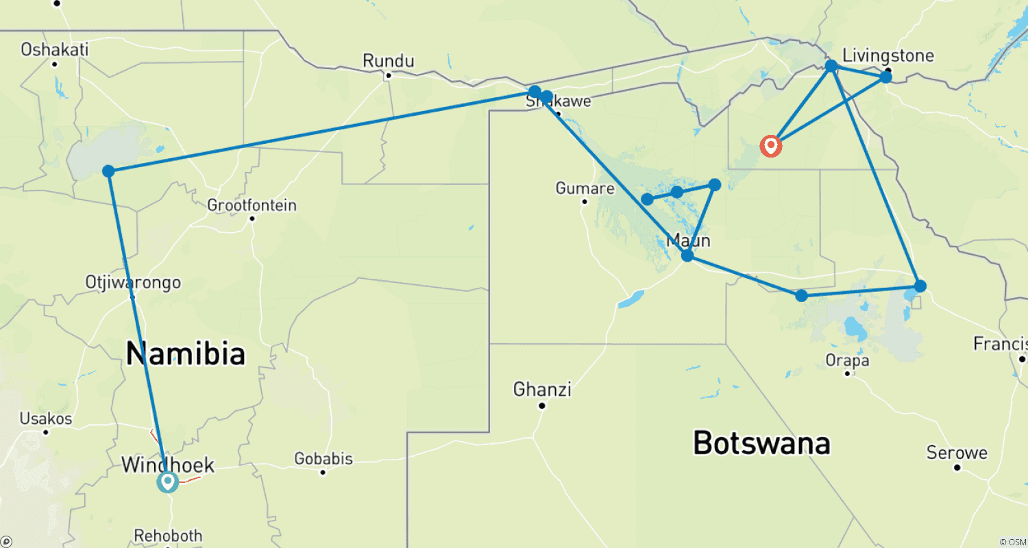 Mapa do percurso de Namíbia e Botsuana Revelados (de Windhoek ao Parque Nacional Chobe)