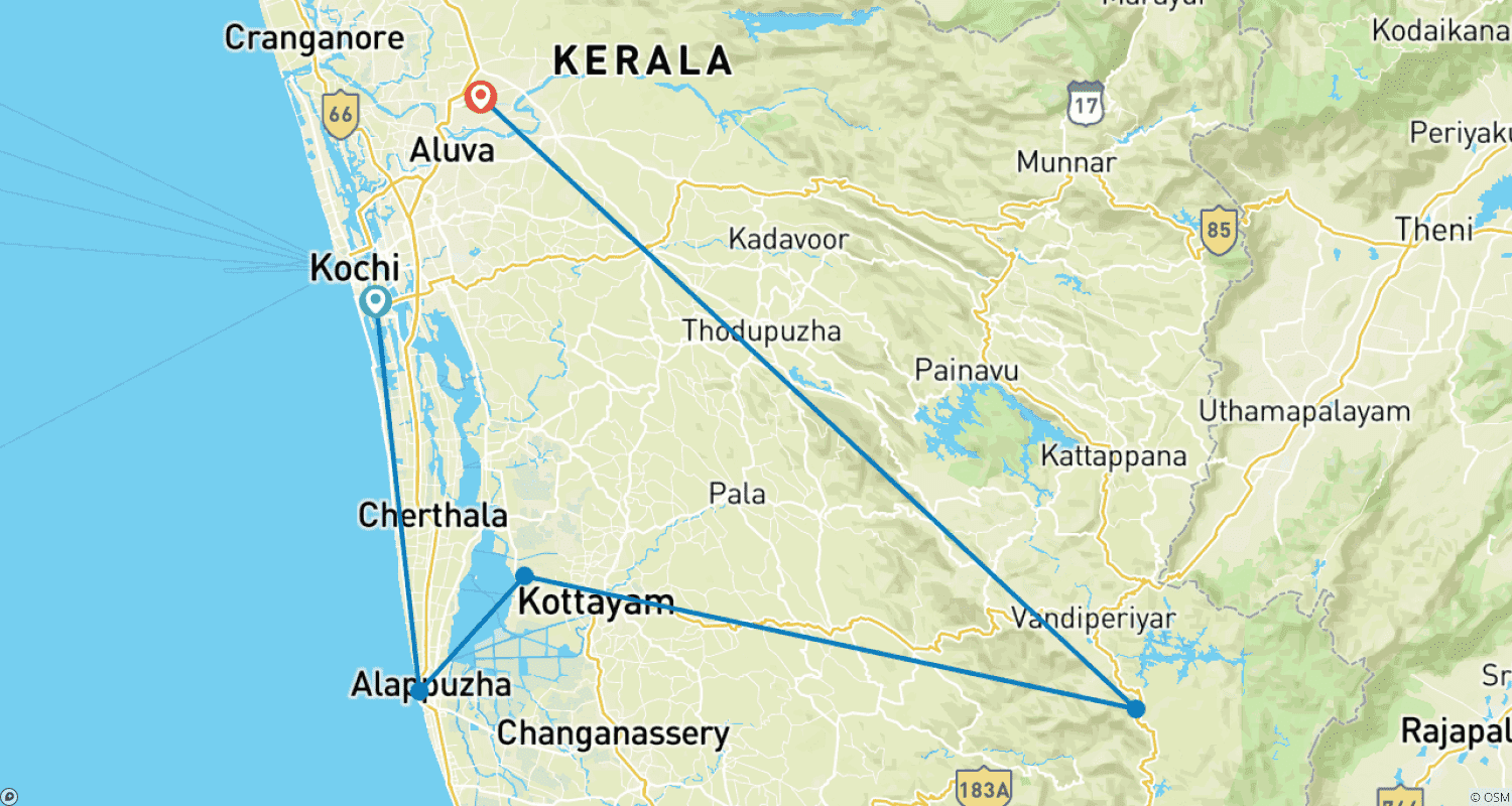 Mapa do percurso de Experiência Premium em Kerala: Passeio pelos Canais e Vida Selvagem