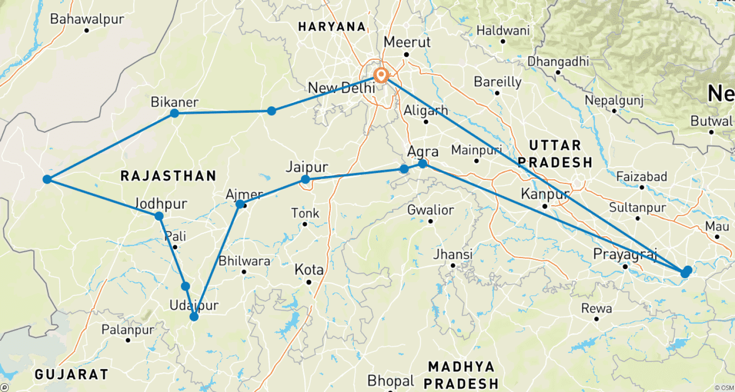 Mapa do percurso de Rajasthan Heritage & Culture Tour – 17 Days