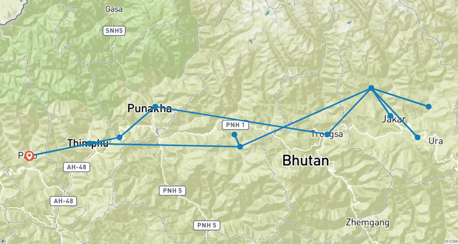 13 Days Bhutan In-Depth Tour (private guide and driver） - Customizableのルートマップ