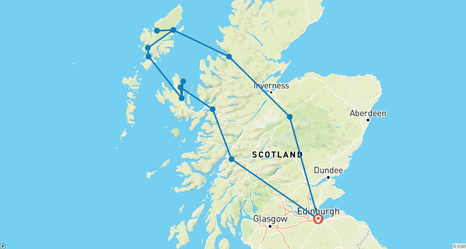 خريطة مسار رحلة المغامرة إلى الجزر الخارجية (Outer Hebrides) وجزيرة سكاي ضمن مجموعة صغيرة من إدنبرة - 6 أيام