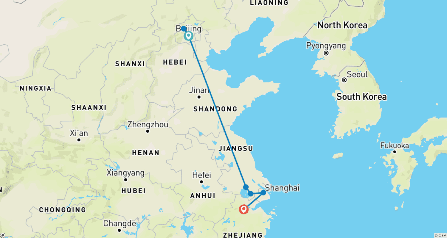 Mapa trasy: Wyjątkowa wycieczka doświadczalna po Chinach — 10 dni